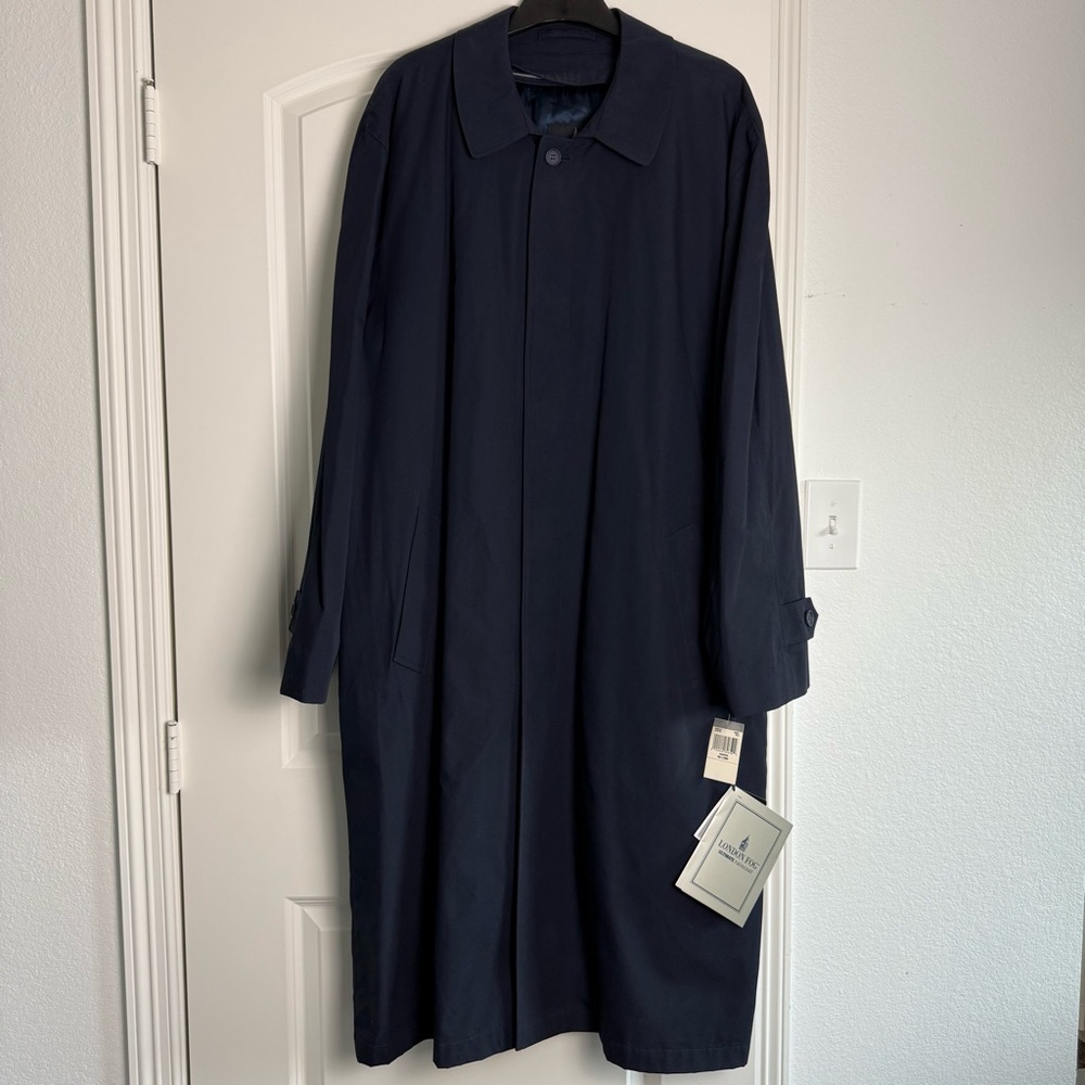 NWT London Fog Men Navy Insulated Ultimate Raincoat Long Coat 46 XL Buttons Up